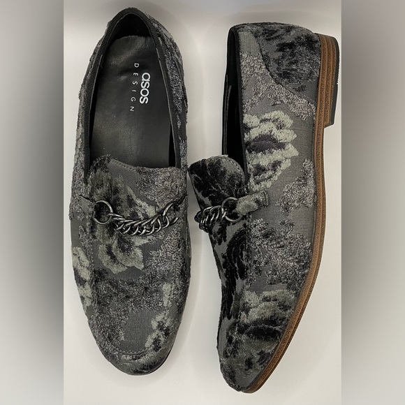 ASOS DESIGN~loafers in grey velvet~floral design with snaffle~Sz 8~No Box - Picture 5 of 8